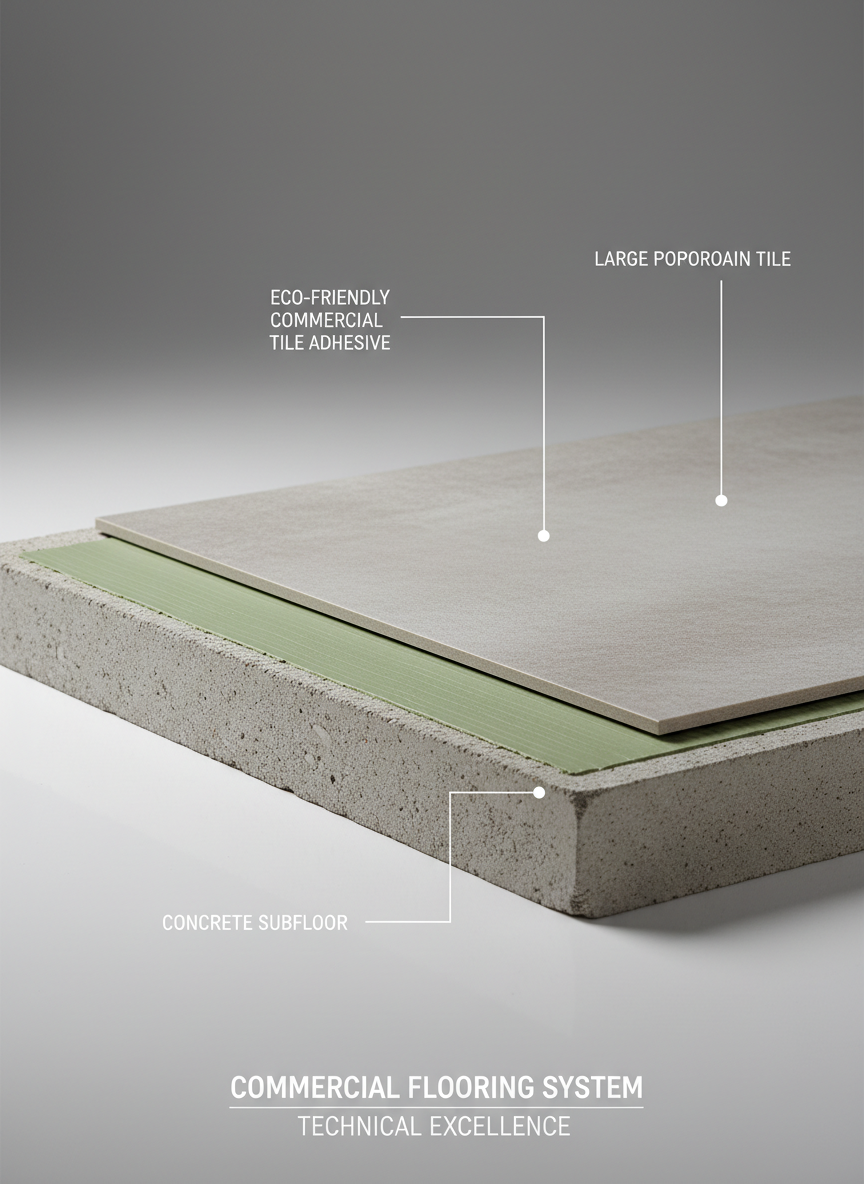 A pristine cross-section view of a commercial flooring system, showing layers from concrete subfloor to eco-friendly commercial tile adhesive and large porcelain tile. The adhesive layer is clearly defined, smooth and consistent, with labeled indicators subtly integrated into the scene via sleek, minimal graphic overlays. The setting is a clean, studio-style environment with a neutral grey background and a reflective white surface beneath the sample. Bright, even studio lighting from above and slightly to the side highlights textures and edges without harsh shadows. Captured at eye level with sharp focus throughout, the composition is centered and balanced, emphasizing engineering, sustainability, and technical excellence in a clean, modern photographic style.