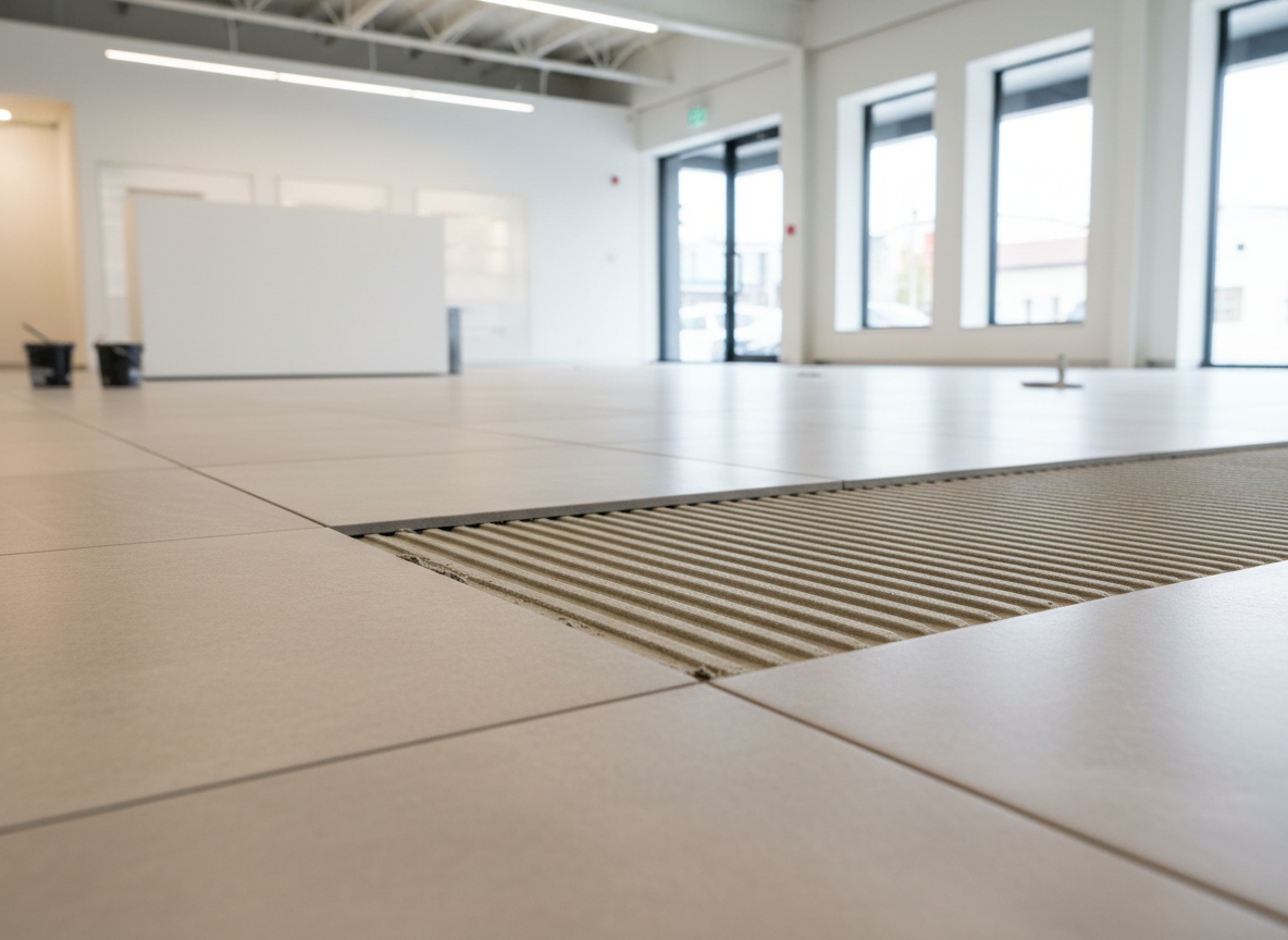 A close-up photographic image of a freshly tiled commercial floor where large-format porcelain tiles are perfectly aligned over a thin, even layer of light grey commercial tile adhesive. The adhesive ridges are visible at the edge of an unfinished section, showing clean, consistent comb lines and a smooth, creamy texture. The setting is a modern retail showroom with neutral walls and a minimalist aesthetic, slightly blurred in the background. Soft, diffused daylight enters from tall glass windows, creating gentle reflections on the tile surface and subtle shadows in the adhesive grooves. Shot from a low, slightly oblique angle with sharp foreground detail and a shallow depth of field, conveying precision, professionalism, and sustainable quality through crisp photographic realism.
